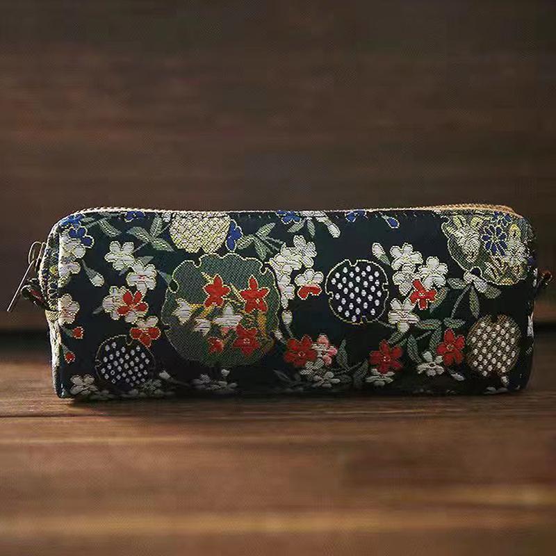 Vintage Guldprägling Broderi Pennväska Stor Kapacitet Pennfodral Pennpåse Sminkväska Student Skrivmaterial