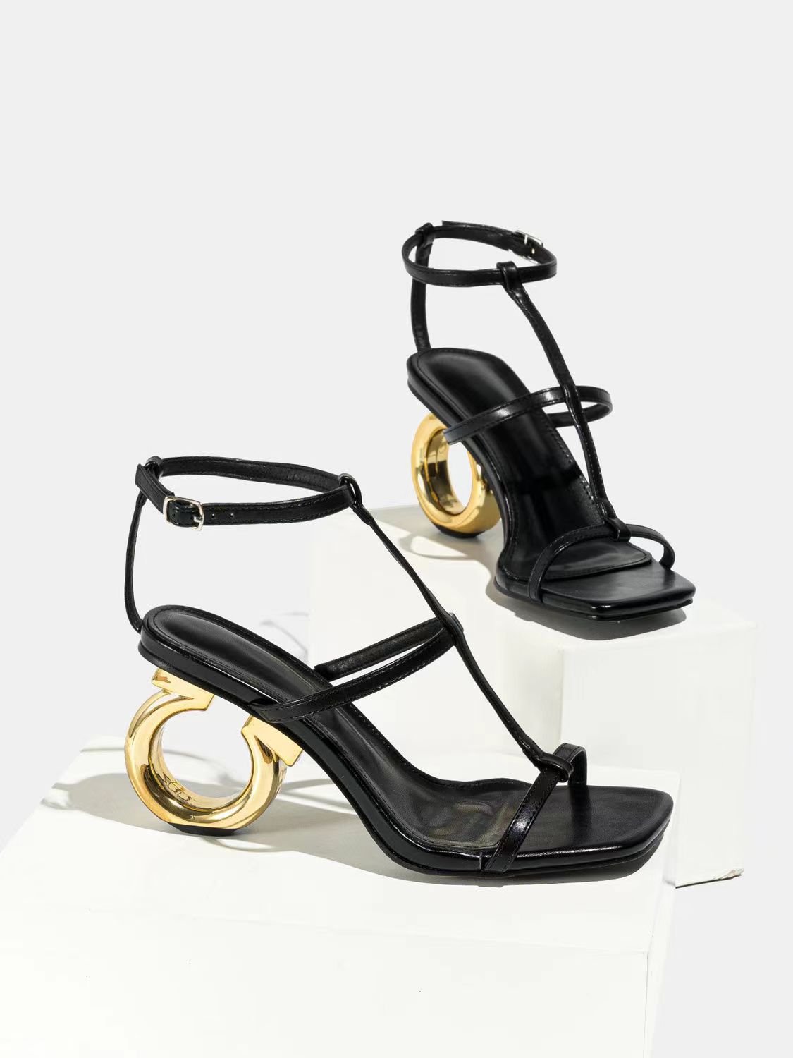 

Сандалии с ремешком на щиколотке в форме буквы Т, каблуки-круги, квадратный носок, однотонные, из натуральной кожи, модные, элегантные, сексуальные, для вечеринки, женская обувь, новые 34 чёрный