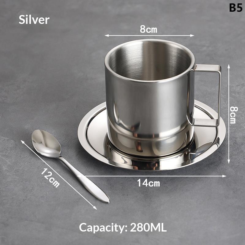 Tasse à café en acier inoxydable 170/200/250/280 ml Tasse à lait et ensemble soucoupe Avec sous-tasse Tapis Cuillère Poignée Facile à nettoyer et réutilisable