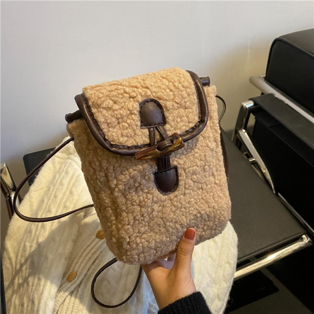 New Winter Lambswool Phone Bag Faux Fur Portable Shoulder Bags Sweet Lovely Square Purse Crossbody Bag