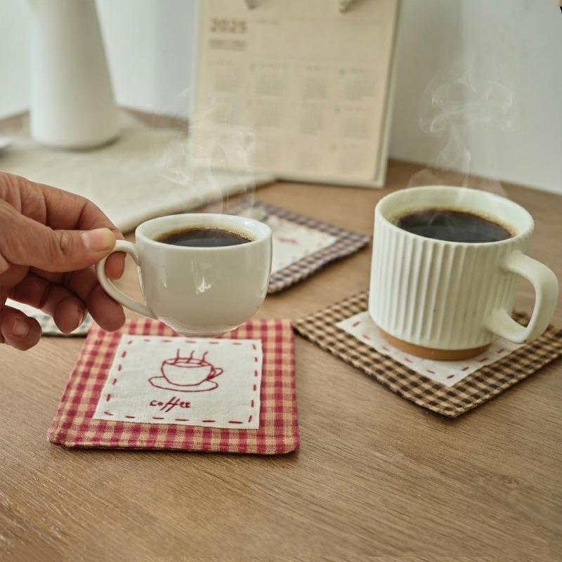 4PCS Cotton Linen Coffee Cup Mats Rustic Farmhouse Style Crochet Embroidery Coaster Absorbent Placemats for Kitchen Table Decor