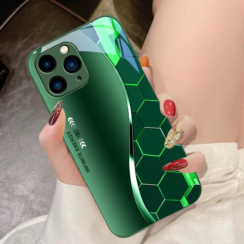 Flowing Light Honeycomb Dark Blue For IPhone 15 Pro 14 13 12 Mini 11 XS Max XR 7 8 Plu SE 2020 2022 Tempered Glass Phone Case