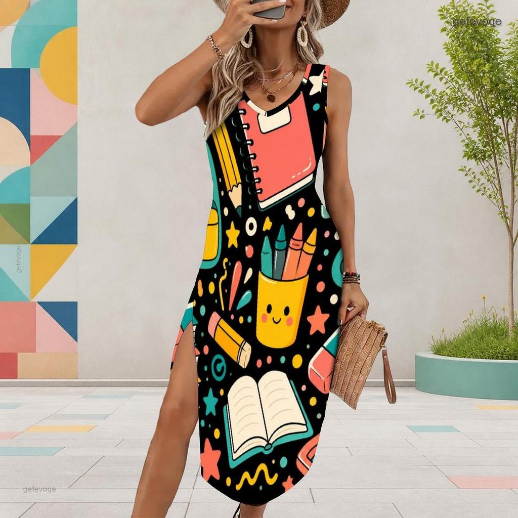 Women Plus Size U Neck Sleeveless Cartoon Excavator Printed Tank Dress High Side Slit Curved Hem Midi Dress