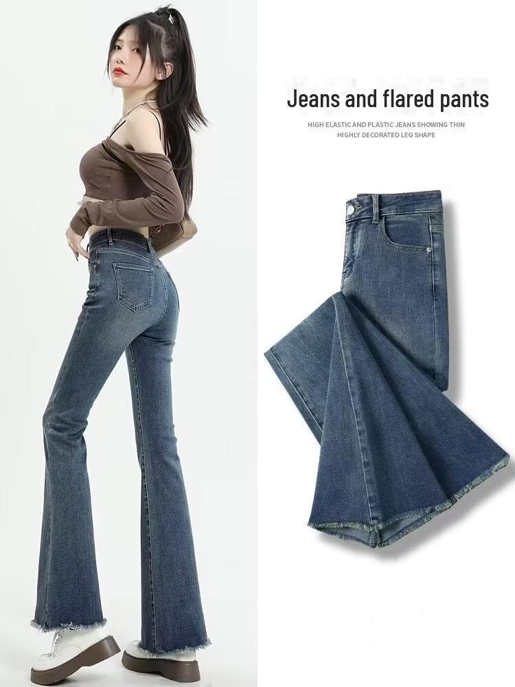 Women's Gray High Waist Slim Flared Jeans with Raw Edge - Spring/Autumn 2024