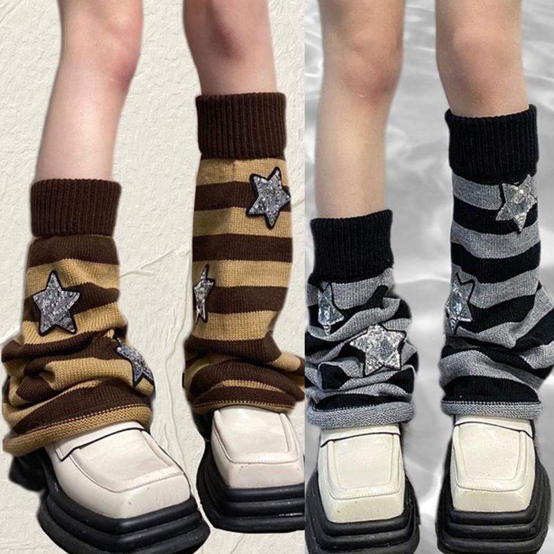 Harajuku Women Autumn Leg Warmers Socks Japanese Gothic Striped Sequins Stars Knitted Long Socks Punk Baggy Foot Covers