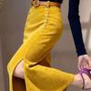 Saia de Veludo Cotelê Roxo Francês para Quadril Feminina Outono e Inverno Reta Bonita com Fenda Lateral Saia Longa de Chenille