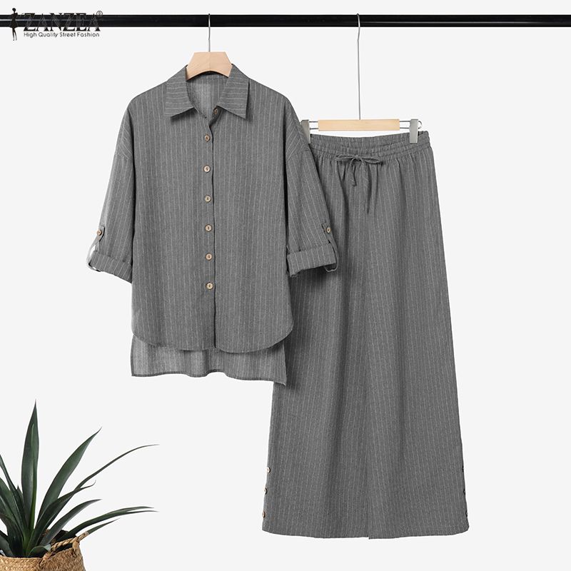 ZANZEA Seturi de Costume din Două Piese pentru Femei, cu Bluză cu Mânecă Lungă și Pantaloni Lungi, cu Dungi