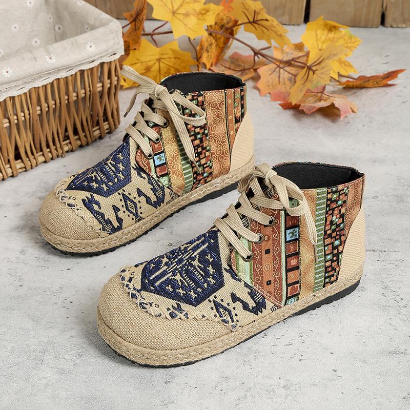 Veowalk High Top Cotton Embroidered Women Casual Linen Flat Shoes Handmade Lace Up Thick Hemp Soled Canvas Sneakers Zapato Mujer