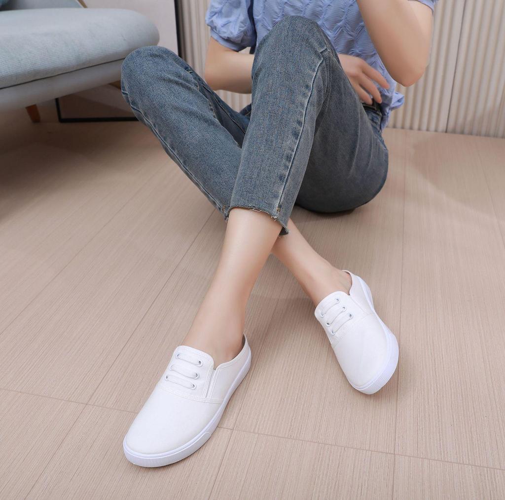 White Women's 2024 Summer Versatile Two-Way Flat Canvas Slip-On Shoes