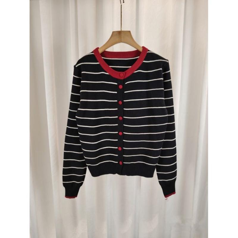 A New Autumn Fashion Round-neck and Versatile Sweater Coat for Women with Contrasting Color Stripes Long-sleeved Knitted Cardigan