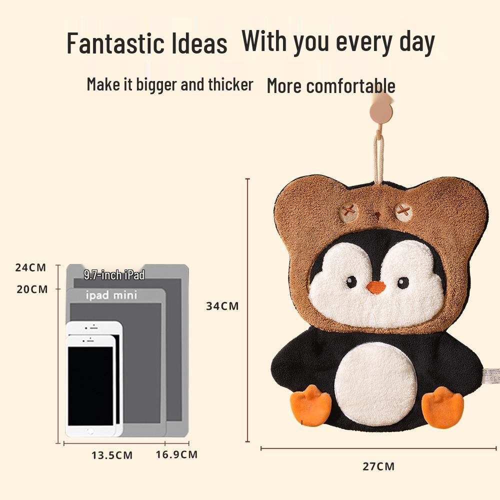 Penguin Coral Fleece Hand Towel - Extra Large & Thick, Hanging, Dual-Use, Water Absorbent, Quick-Drying, Non-Shedding