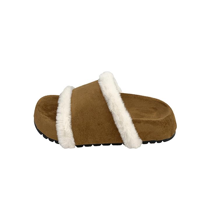 High version 2025 autumn and winter sheepskin integrated cork bottom thick bottom one word open toe fashion casual warm fluffy slippers