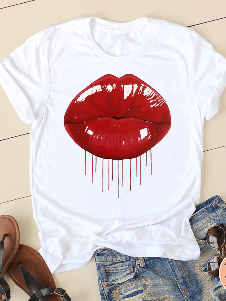 Clothing Summer Short Sleeve Watercolor Lip Sexy New Ladies Casual Unisex Fashion Graphic Tee Tshirts Female T Shirt Clothes