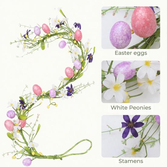 Easter Garland Artificial Floral Spring Garland with Foam Eggs Flowers for Mantle Fireplace Easter Party Indoor Outdoor Decoration
