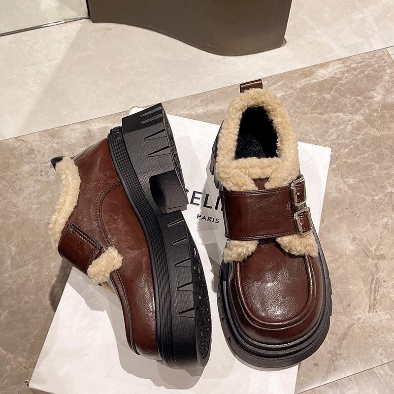 Platform-soled Versatile Loafers Women's 2025, Autumn New Models, Thick Heels, Foreign Style, Small Leather Shoes, Velcro High Heels, Single Shoes