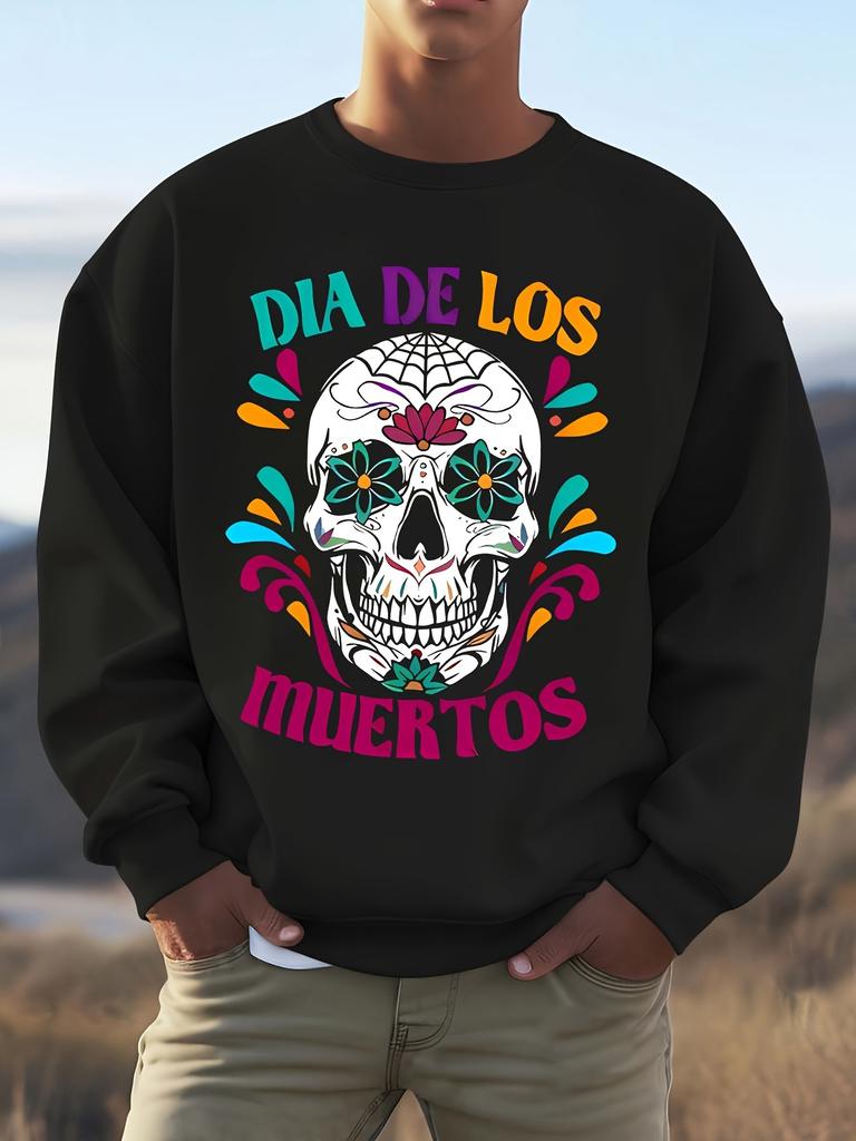 Men'S Fashion Regular Round Neck Sweatshirt, Easy Casual Top for Men, Long Sleeve Round Neck Print Sweatshirt with Letter Patterns And Skull Designs