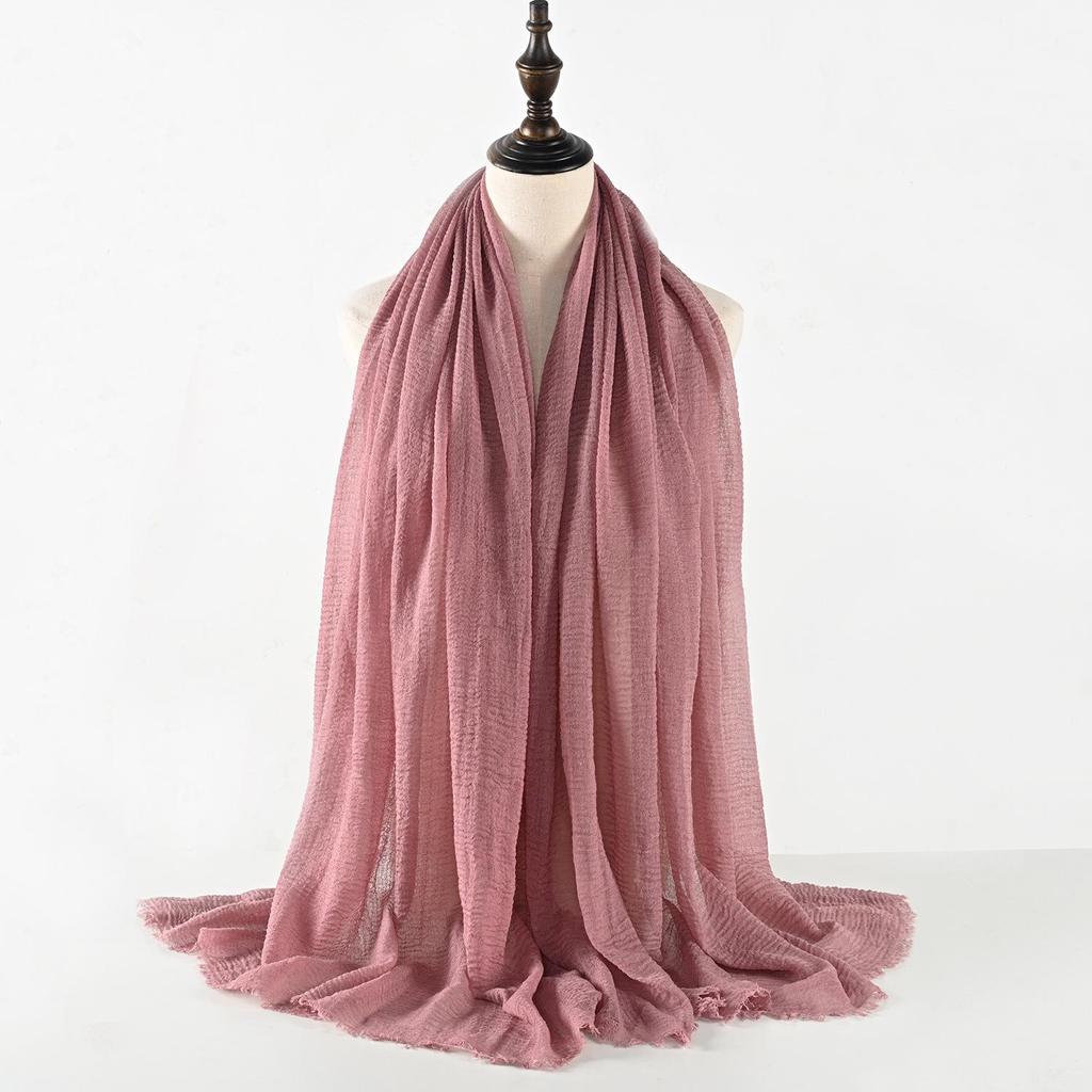 Crinkled Cotton-Linen Blend Scarf with Fringe - Solid Color, 90x180cm, Women's Headscarf
