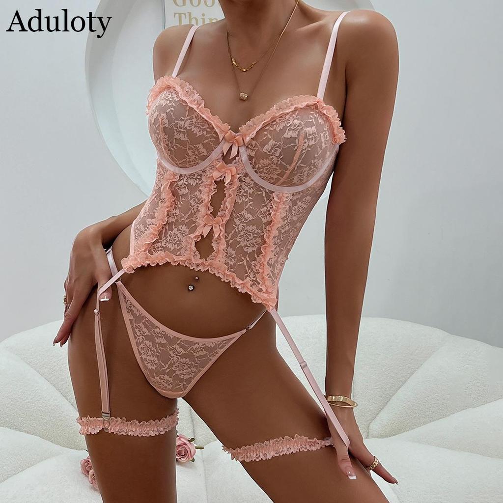 Aduloty Nové sexy spodní prádlo růžové krajkové plisované duté krajky svěží a roztomilý průhledný oblek s podvazkem