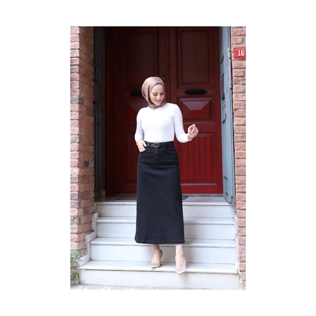 Natural Fabric Belted Denim Skirt - Black