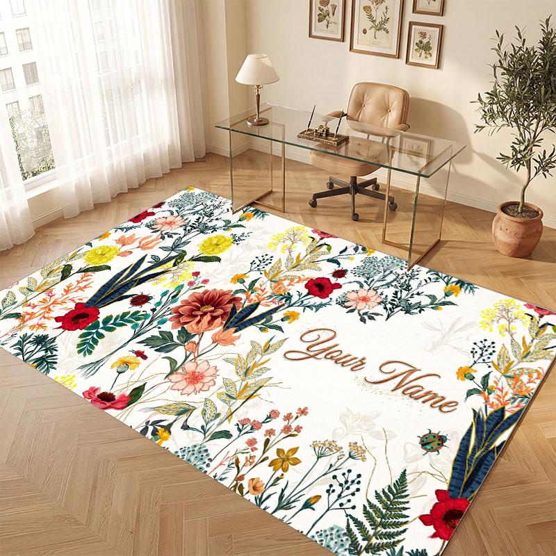 Floral Garden Theme Crystal Velvet Floor Rug Personalized Custom Name Text Warm Carpet Home Decoration