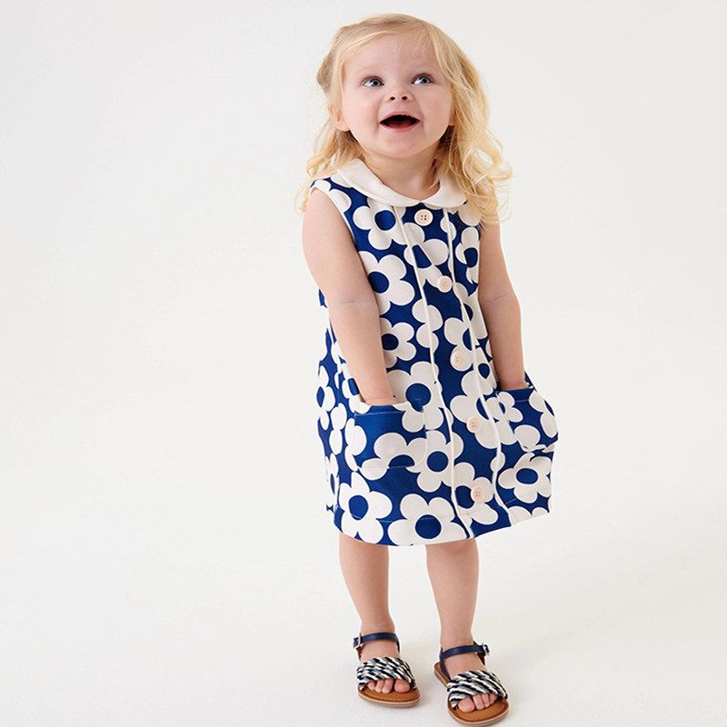 Blue Pastoral Style Summer Dress Children Sling Girl s Dress Dark Blue 7t/140 Size Recommended Height 130-140cm