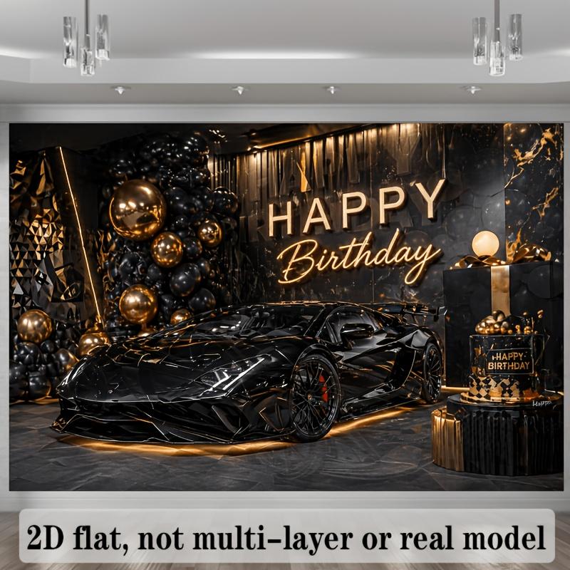 2D plane birthday party banner background black and gold super car theme featuring a bright black super carzyc