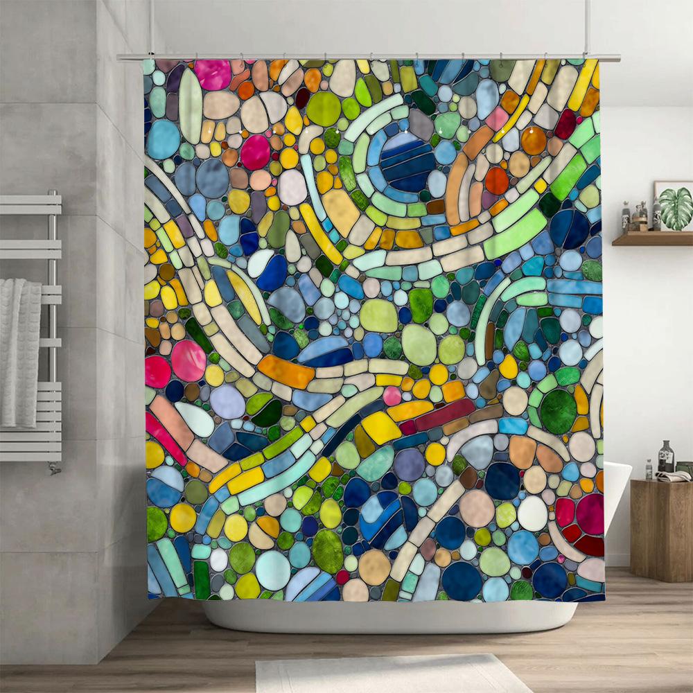 Blue White Geometric Shower Curtain Modern Decor For Bathroom Easy Installation Made With 100% Waterproof Fabric