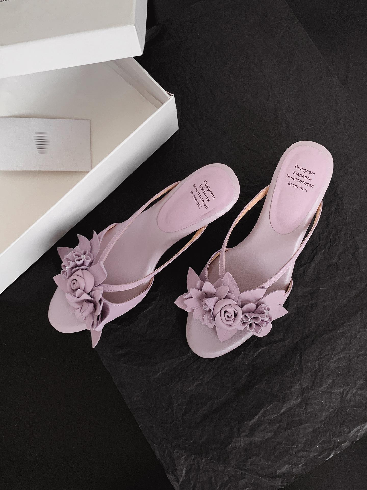 

Step by step flower 2025 European and American new sexy cool slippers women s outer wear round head with flowers special-shaped high heels 39 фиолетовый