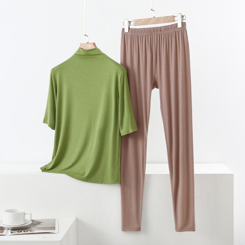 Spring/Summer Women's Half-High Neck 3/4 Sleeve Modal Lounge Set - Lightweight, Loose, Plus Size Casual Wear