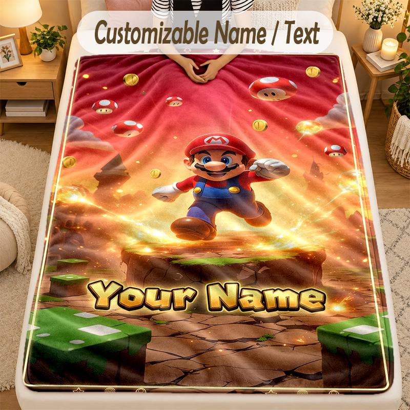 Flannel BlanketSuper Mario Custom Name Text Personalized Soft Warm Throw Blanket Home Decor Gift