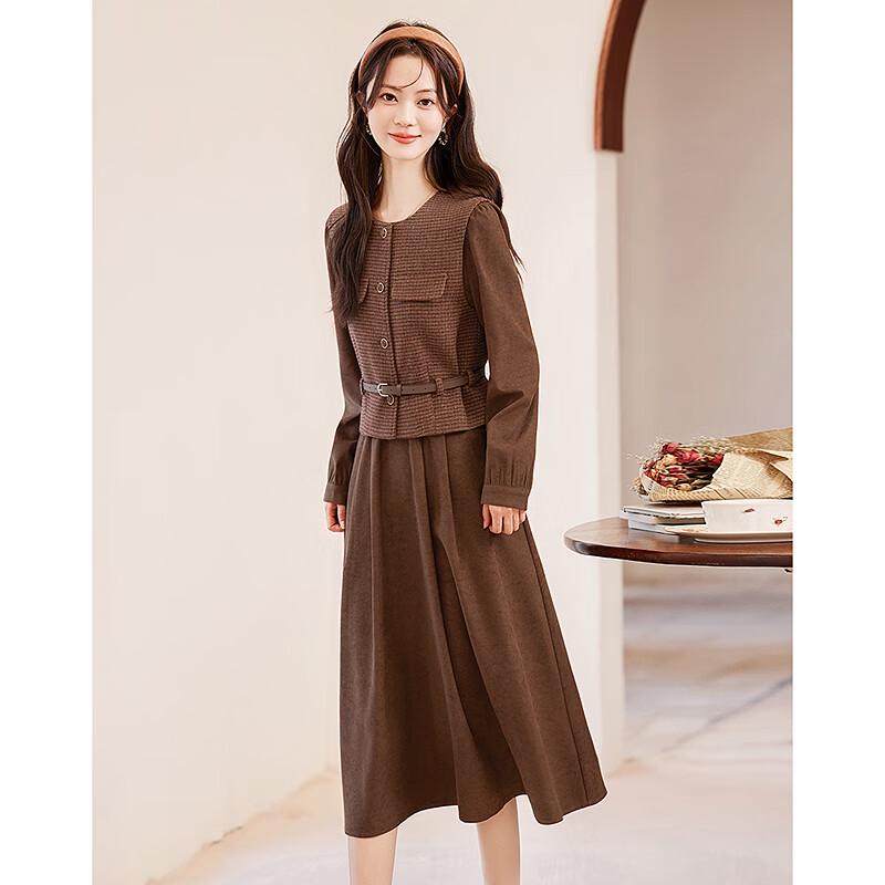 Elegant Maillard Vest & Long-Sleeve Midi Dress Set L