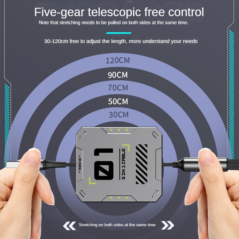 3 in 1 Multi Retractable USB Phone 100W Fast Charging and Data Cable for Lightning/Android/Type-C Devices