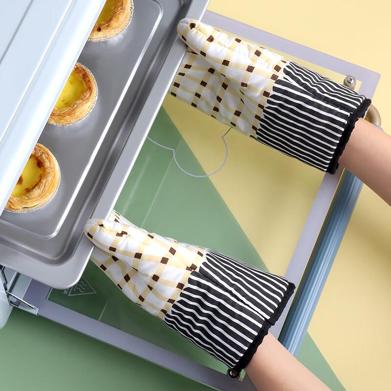 Baijie Heat-Resistant Gloves, Insulated Cotton Gloves, Microwave Oven Baking Tool Gloves, Checkered Baking Gloves, 2-Piece Set