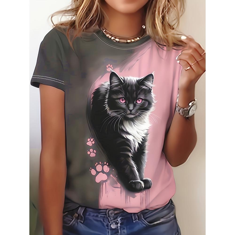 Two-Tone Women's Tee - Black & White Cat with Pink Eyes Graphic, Cute Paw Print Print Design for Casual Daily Wear