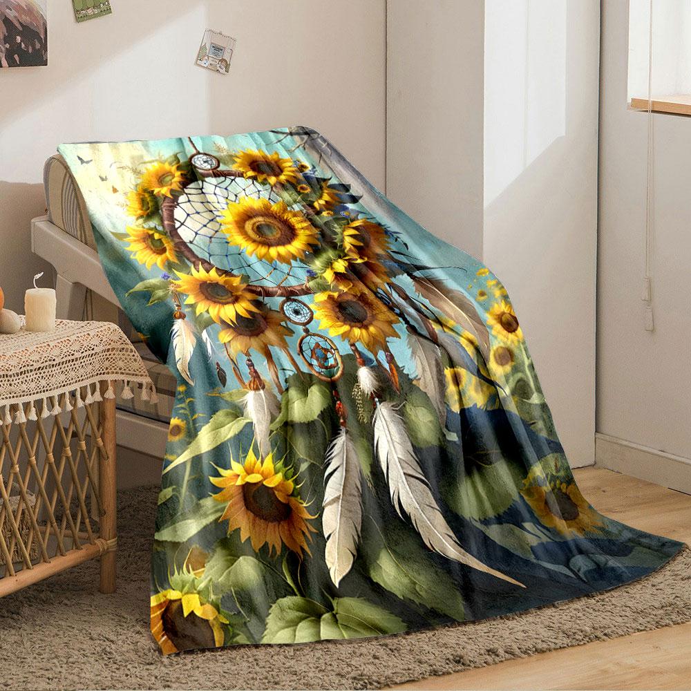 A Sunflower-adorned Dreamcatcher with Feathers and Vibrant Background. for All Seasons Blanket Lunch Break Throw Gift