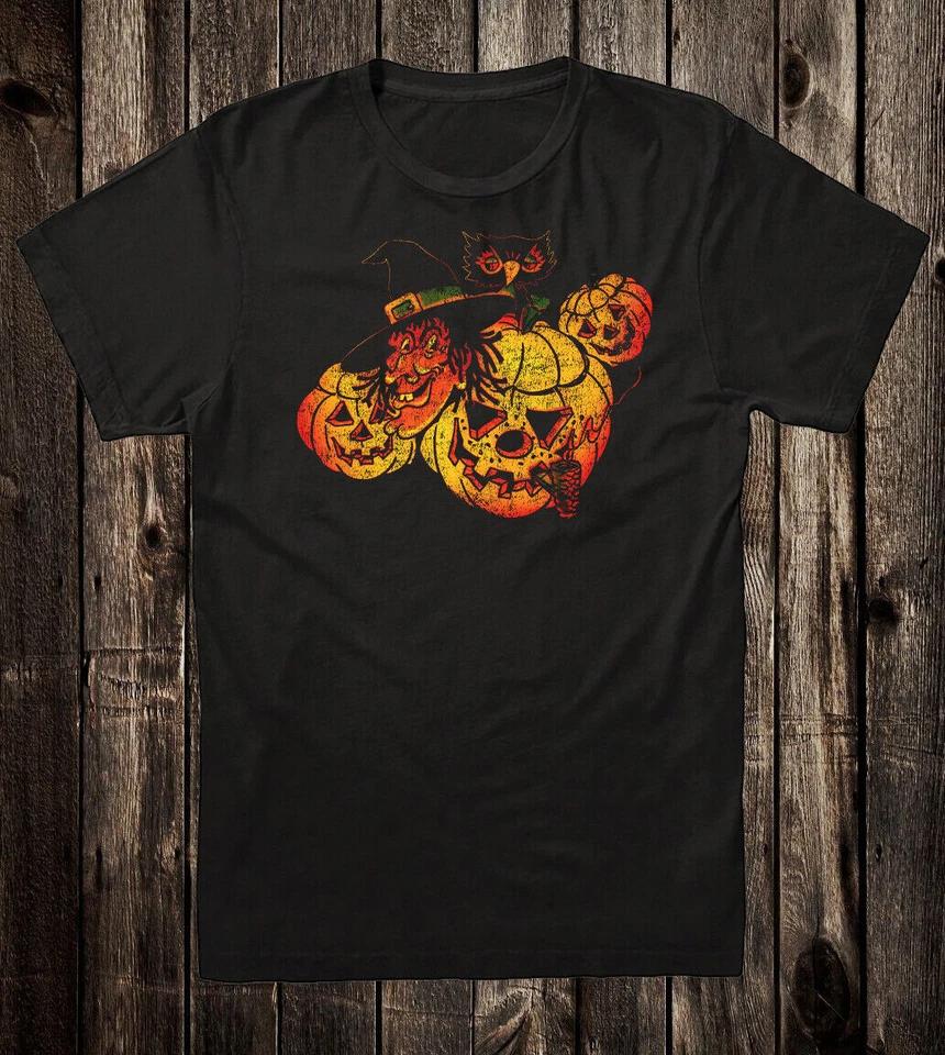 Retro Halloween Tee T Shirt Vtg Art Goth Witch Jack O Lantern Owl Cute XL