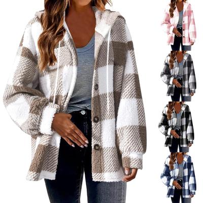 Women's Plaid Hooded Button Down Jacket Plush Coat