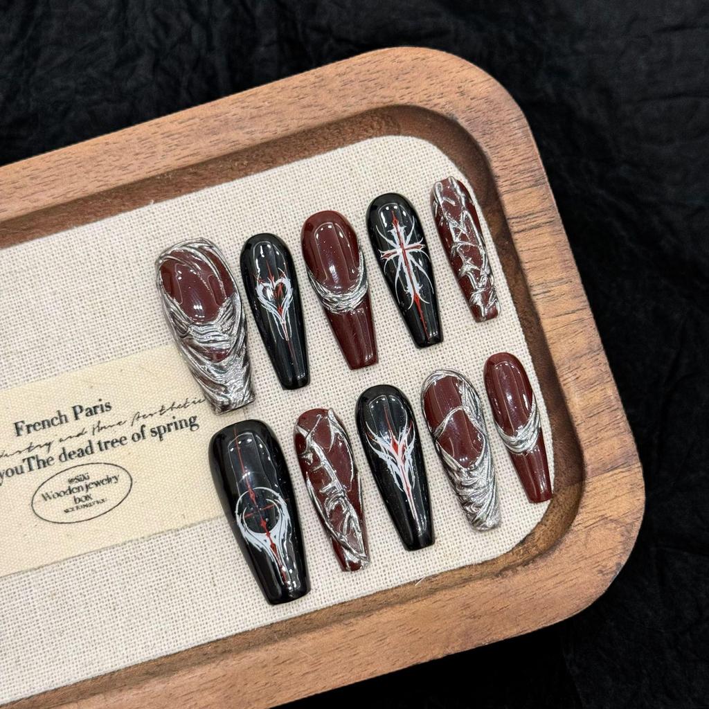 Yihe Wearable Nails - Dark Goth Red & Silver Manicure Set for European & American Styles
