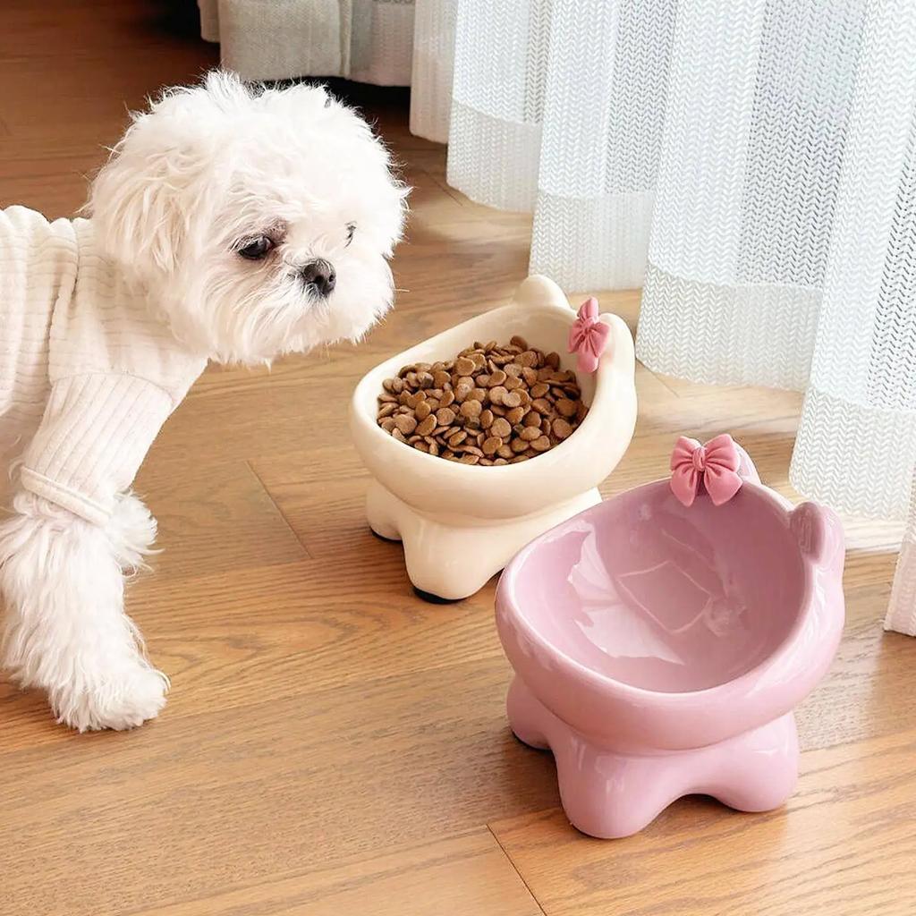 Bevel Ceramic Cat Food Bowl Cute Pets Drinkers for Cats Protect Neck High Feet Dog Bowl Anti-Flip Slow Feeding Bowl Pet Supplies