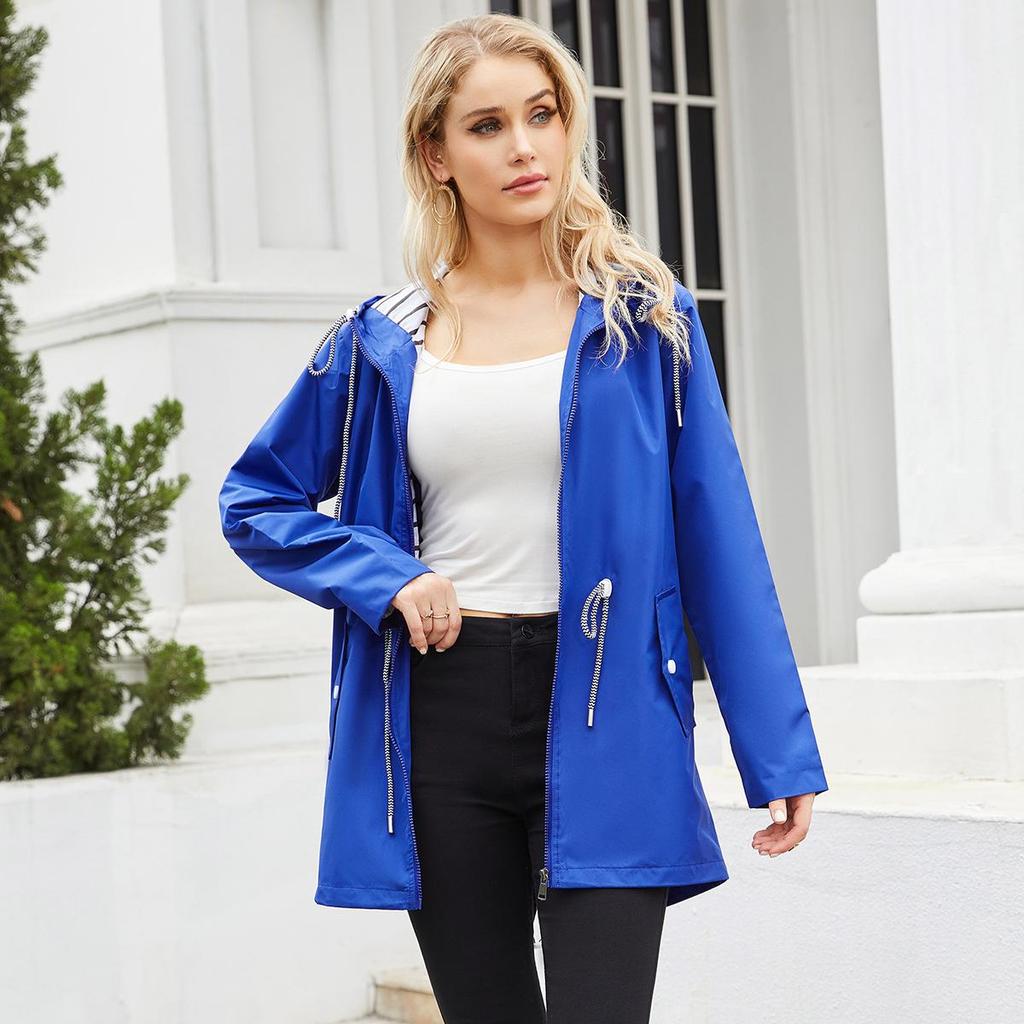 Long-sleeved Splash-proof Long Windbreaker for Women with Hood and Stripes Plus Size