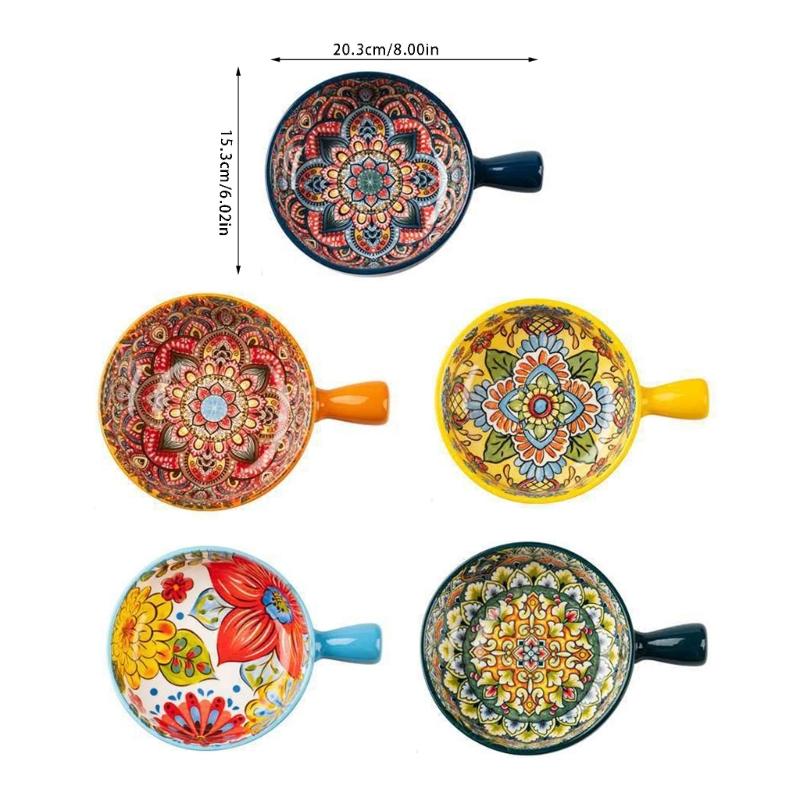 Bohemians Ceramic Handled Soup Bowl Serving Bowl Suitable for Oven and Microwave Safe Use Easy Cleaning Dishwasher Safe