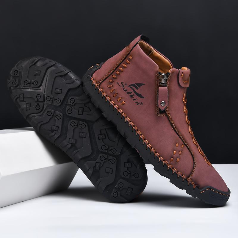 New Winter Handmade Leather Men Boots Outdoor Zipper Design Sneakers Man Breathable Casual Leather Shoes Men Ankle Boots Slip On