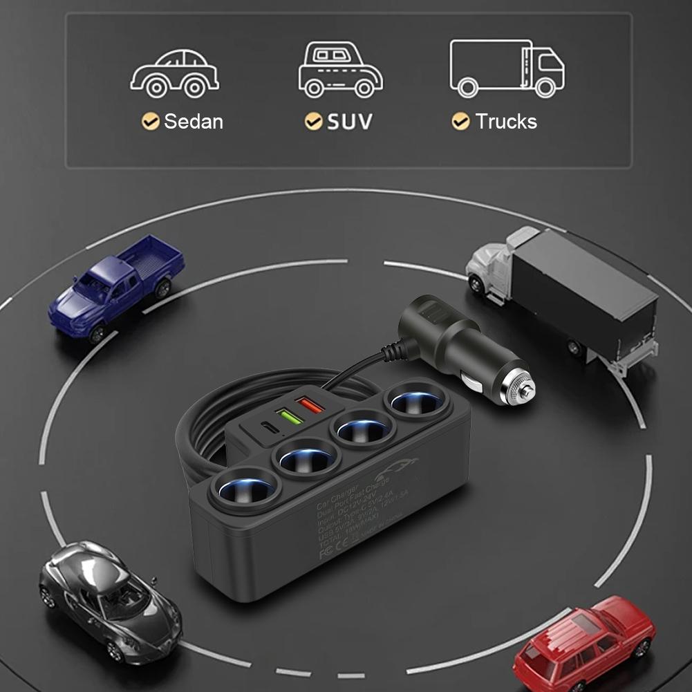 Car Cigarette Lighter Adapter QC3.0+PD 3.1A 3 USB Ports Fast Charger Plug 4-Socket Phone Power Adapter USB Phone Charger Adapter