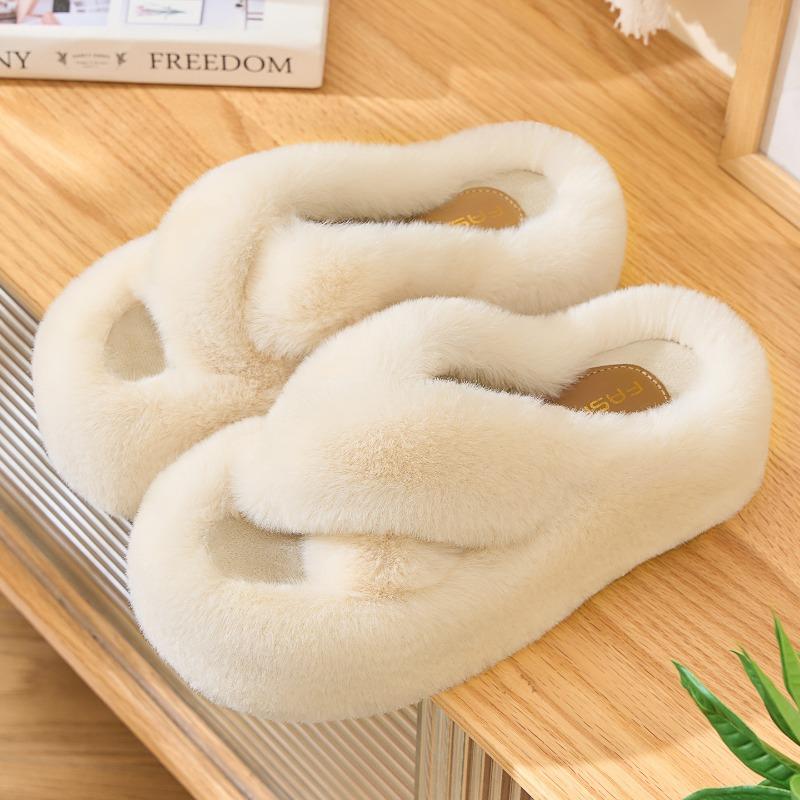 Crossed fluffy slippers women's outer wear new indoor home thick-soled fluffy plush shoes autumn and winter models