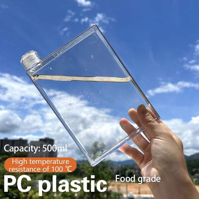 Venkovní čtvercová láhev na vodu, odolná vůči vysokým teplotám, 500 ml, plochý hrnek na vodu, průhledný, přenosný
