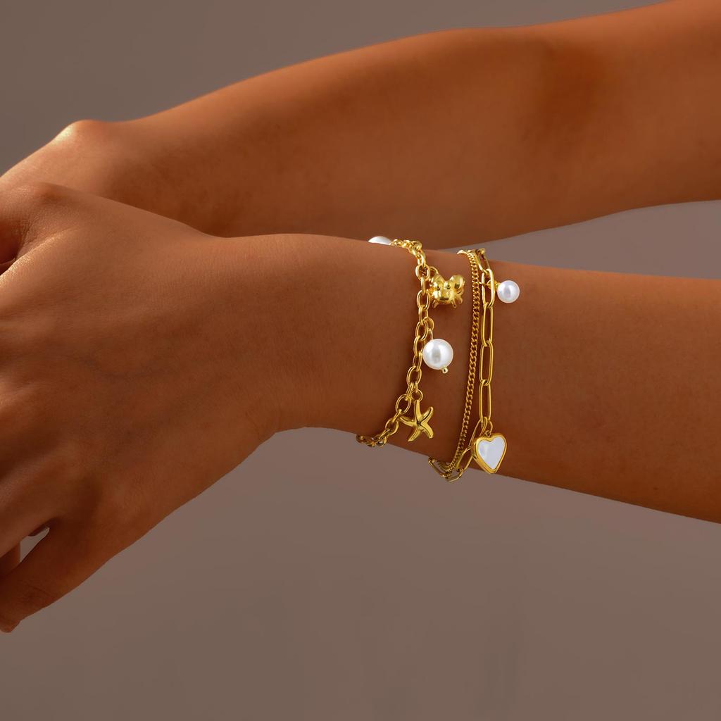 Stainless Steel Chains Double Layer Heart Bracelet Bangle For Women, 18k Gold Plated Waterproof Charm Wrist Jewelry