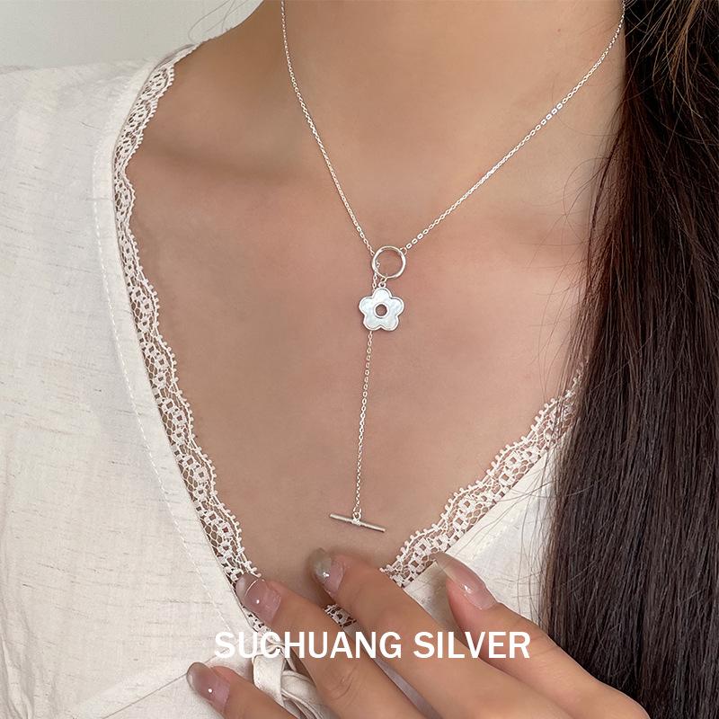 S925 Sterling Silver Plum Blossom Necklace with Mother-of-Pearl Clasp – Sweet Flower Style