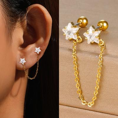 Paslanmaz Çelik Altın Rengi Halka Zincir Saplama Küpeler Zirkon Yıldız Kolye Ucu Helix Daith Kıkırdak Küpe Piercing Takı