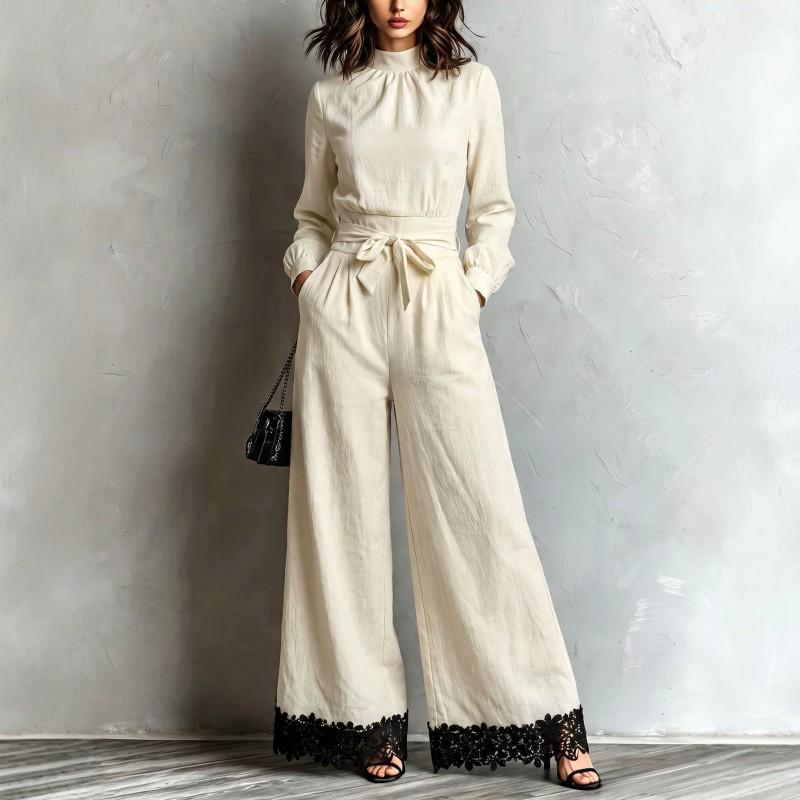 Womens Winter Elegant Stand Collar Long Sleeve Belted Waist Cinched Jumpsuit With Lace Trim Hem Casual Chic Outfit