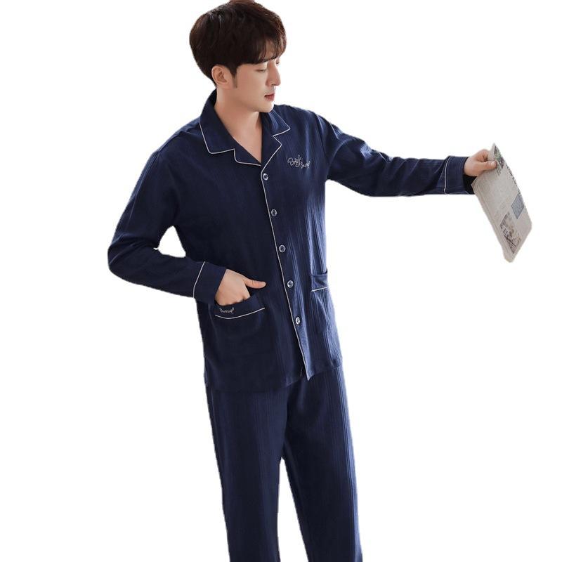 Pijama para Hombre Algodón Puro Manga Larga Primavera y Otoño Hombre Otoño e Invierno Delgado Algodón Cárdigan Talla Grande Conjunto